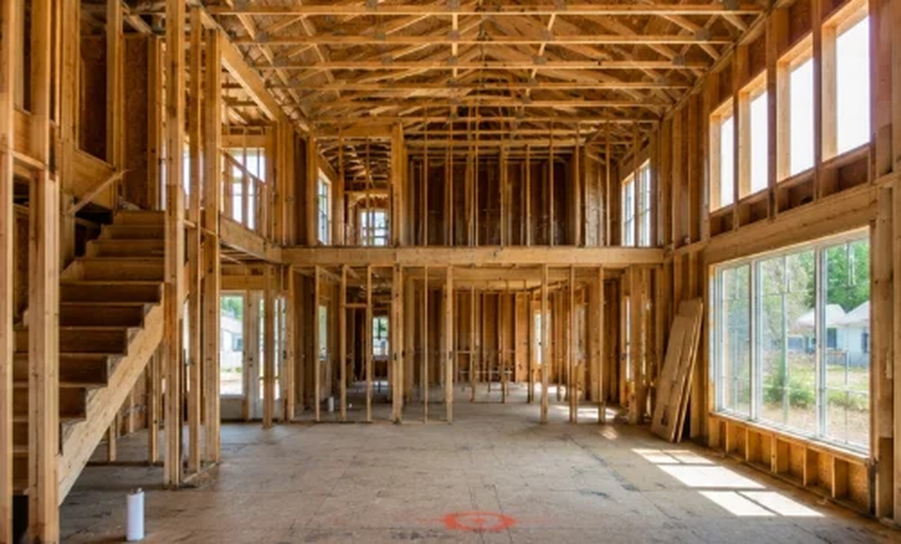 Home under renovation with framing exposed